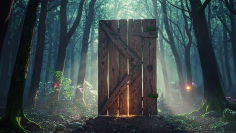 mysterious wooden door in an enchanted forest