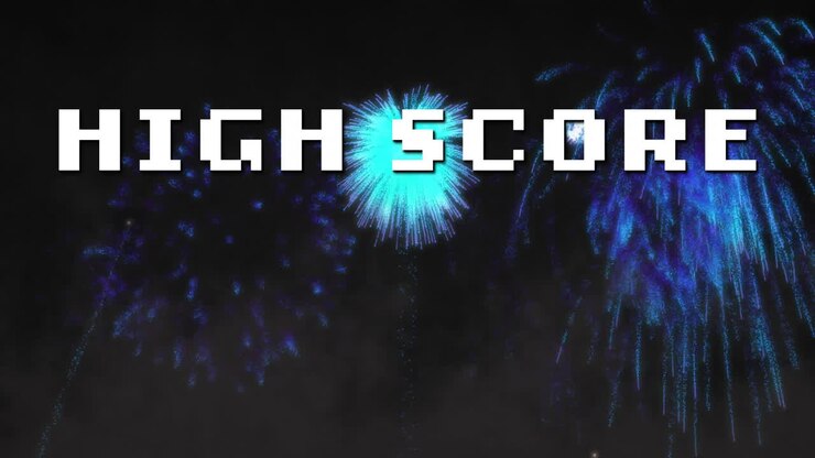 High score text animating over blue fireworks display in background