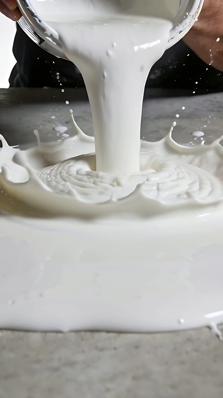 Vertical video: Pouring hands in black tee tilting can at grey bench, forming white pool for demo