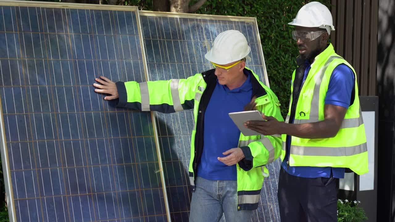 African american technician and senior engineer manager discussion and checking Solar Cell  panels . team Repair and maintenance  photovoltaic