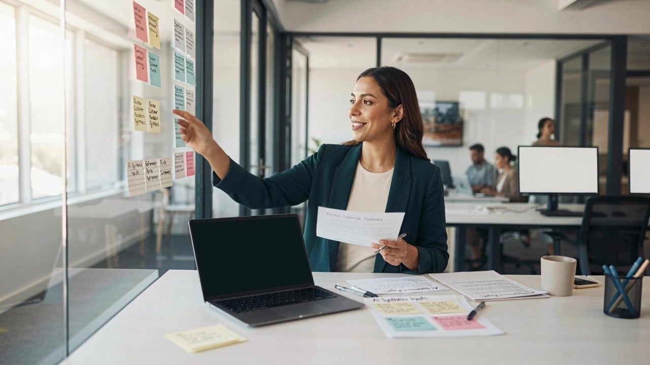 Reading pages, blazer-clad woman marking and updating sticky notes on glass in office for planning