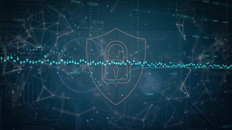Animation of data processing over security padlock icon and network of connections