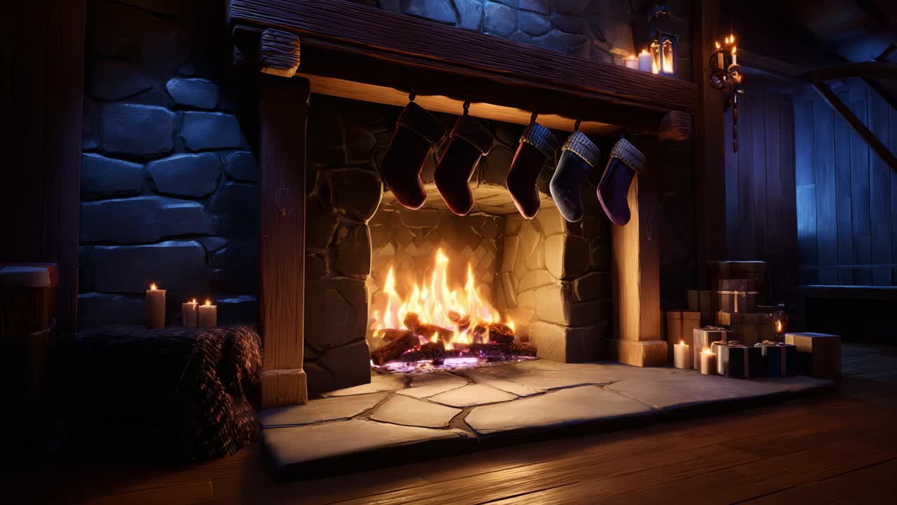 A Cozy Winter Scene Featuring a Crackling Fireplace with Colorful Stockings Hanging Above, Surrounded by Glowing Candles and Decorated with Gifts, Perfect for the Festive Holiday Atmosphere