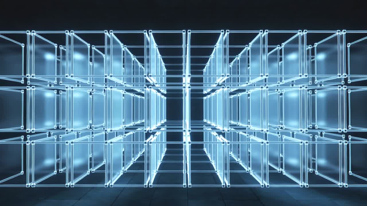 Expanding neon-blue wireframe rack widening in dark chamber, showing cubic grid and floor glow