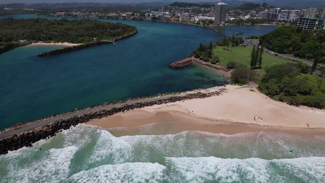 Foamy Sea Waves Splashing At Duranbah Beach In Tweed Heads, NSW, Australia - Drone Shot