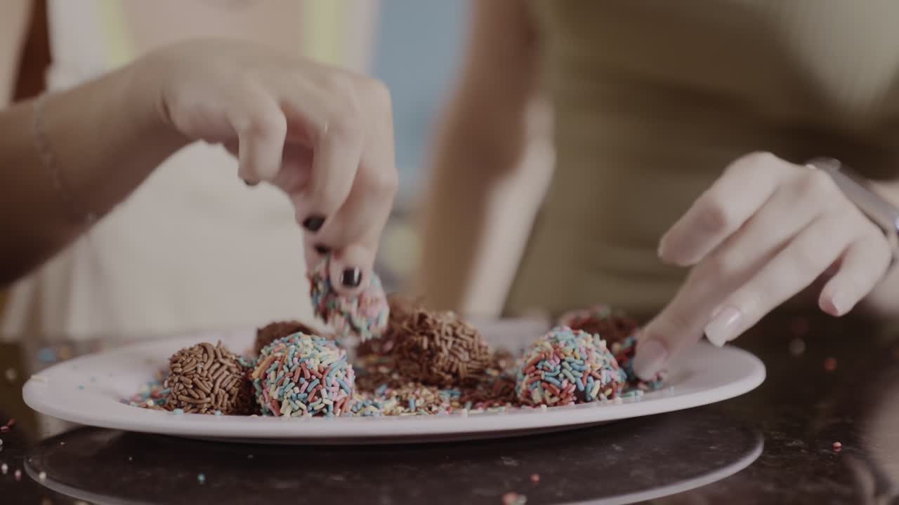 People preparing and enjoying sweet brigadeiros