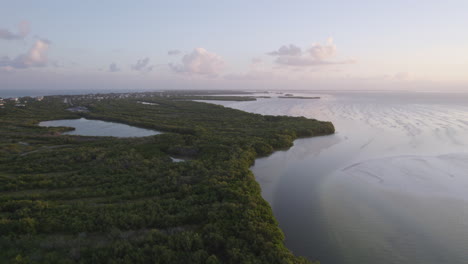 Drohnenansicht-Von-Wellen,-Die-Am-Strand-Mit-Himmel-Und-Treibenden-Weißen-Wolken-Zusammenbrechen