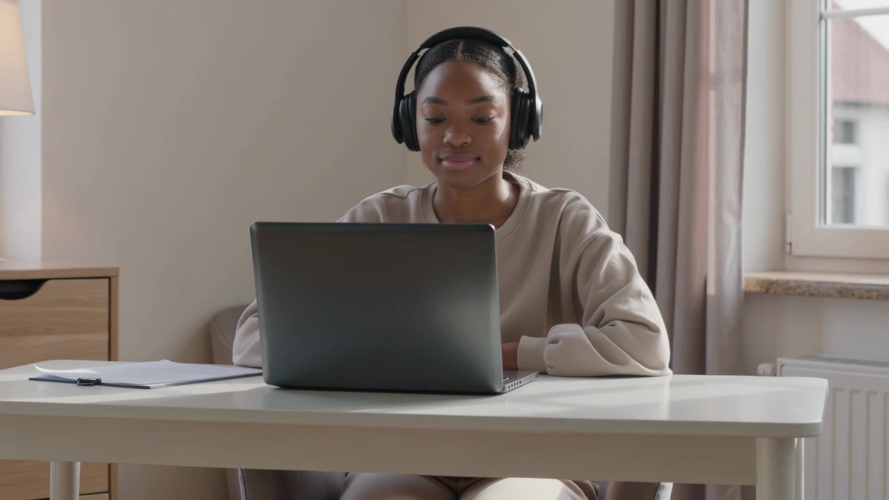 Camera pulling back, woman wearing tan top headset watching laptop while working at home desk notes