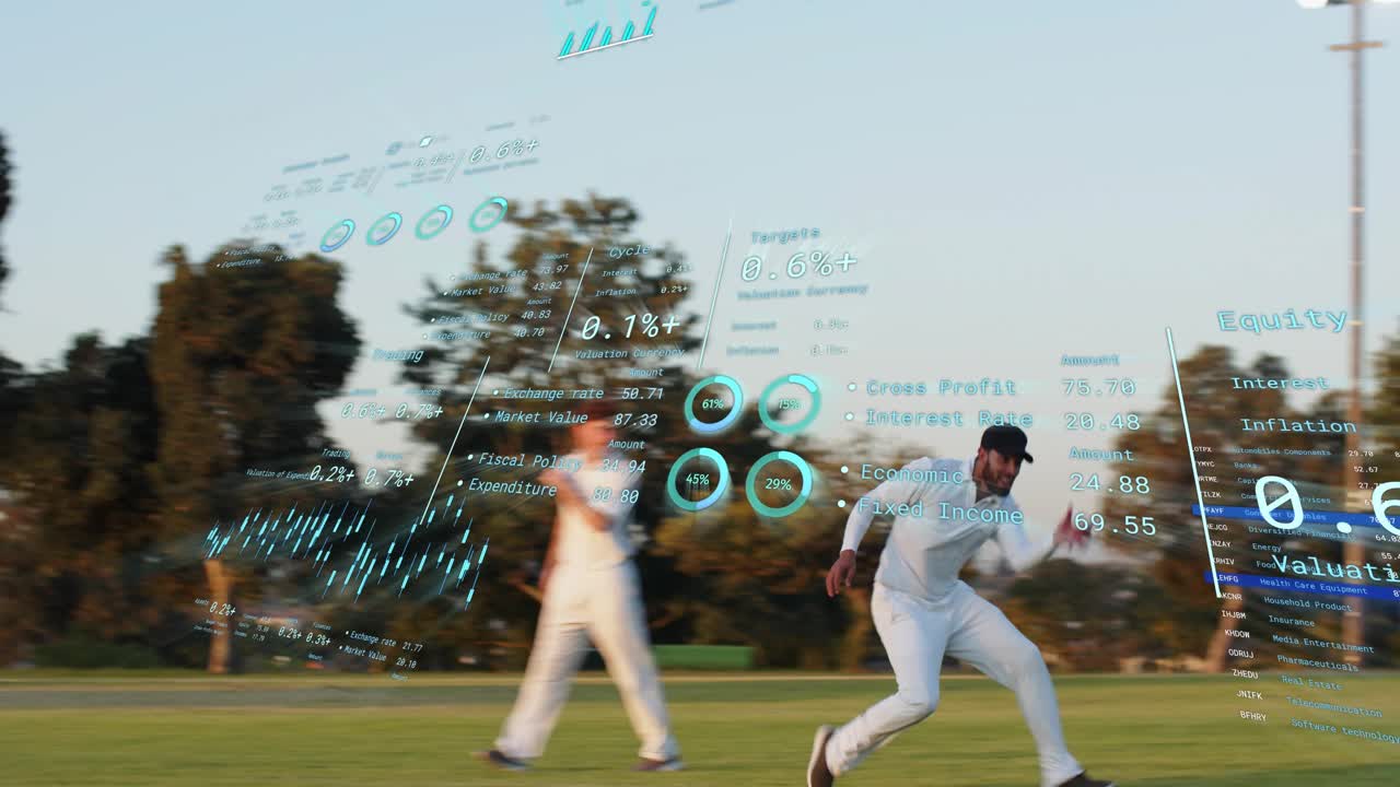 Bowler delivering red ball, fielder diving and stopping ball while HUD gauges analyzing sports play