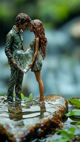 couple holding a heart sculpture by a serene water feature