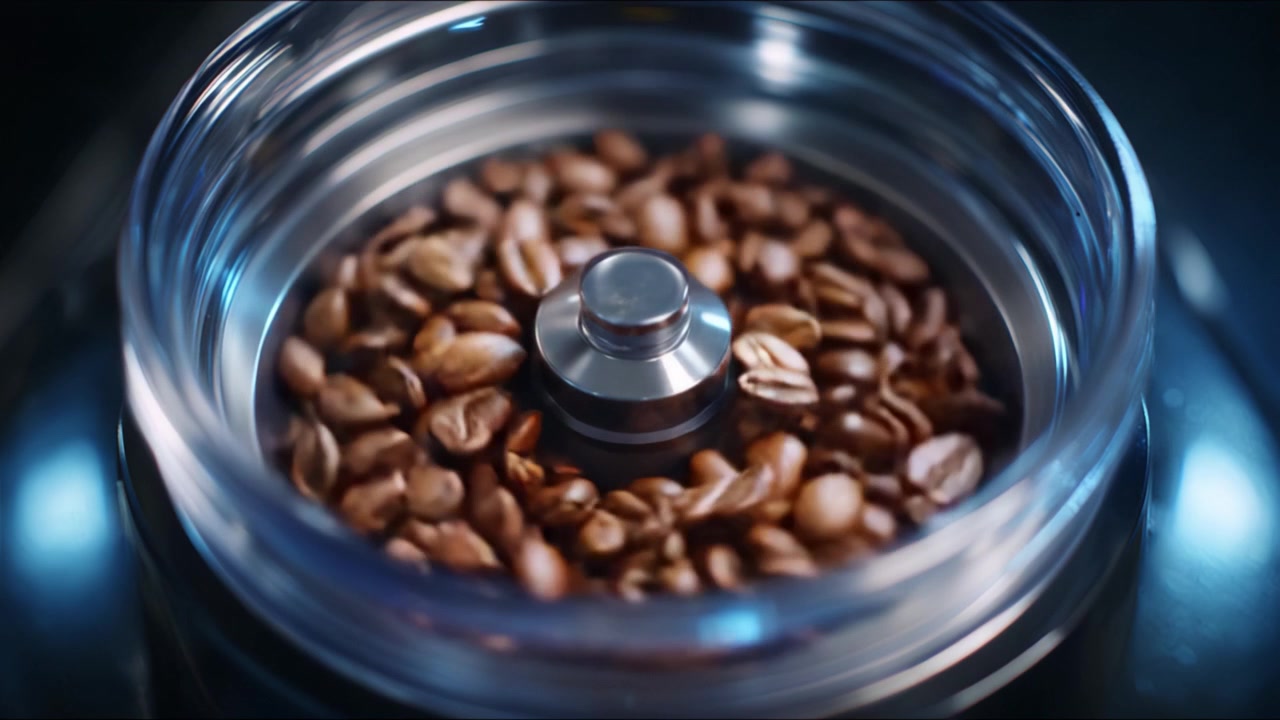 Captivating Close-up of Coffee Beans in a High-Quality Grinder, Showcasing the Transformation from Whole to Ground Coffee in a Stylish, Modern Kitchen Setting