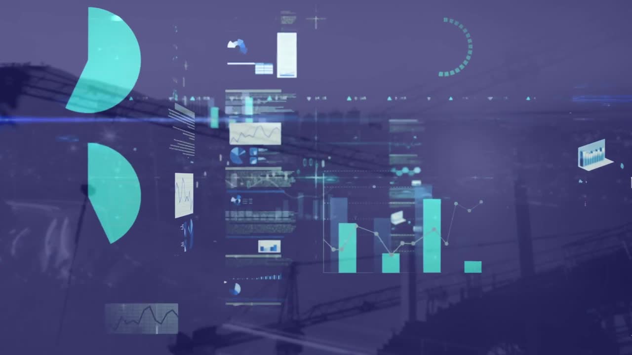 Animation of data processing and light trails over cityscape