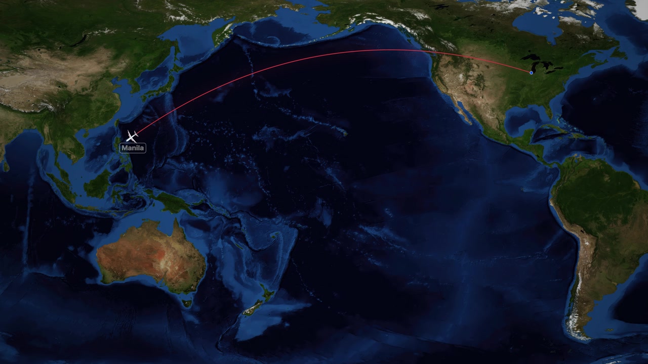 Red line animation tracking commercial flight from Chicago to Manila on world map.