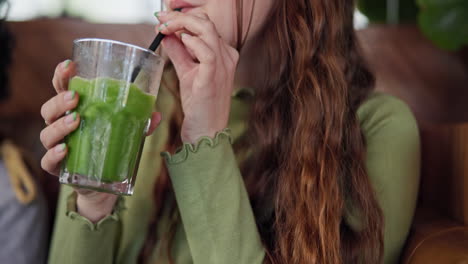 drink, smoothie and hands of woman in restaurant