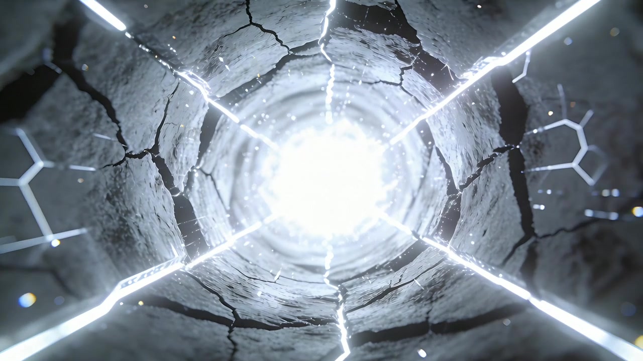 Pulsing stone shaft emitting light from base with opening growing, showing X beams, cracks, dust