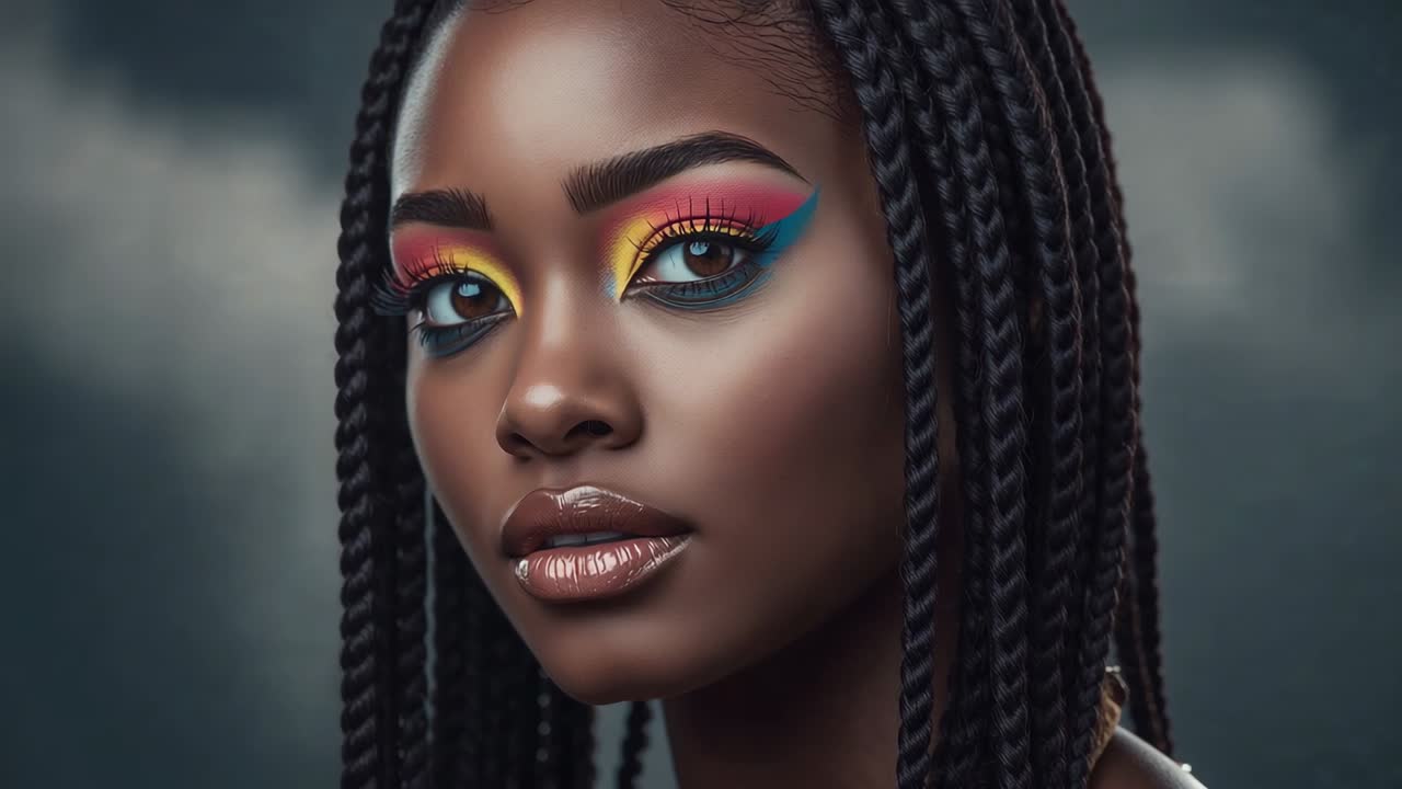 Modella con trecce che ammicca reagendo alla messa a fuoco della fotocamera in studio, con ombretto arcobaleno
