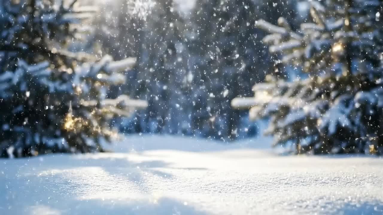 Snowfall in a sunlit forest, captured from a low angle, creating a serene winter video scene