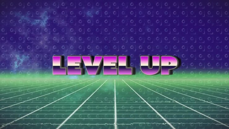 Animazione del testo "level up" e elaborazione dati su griglia