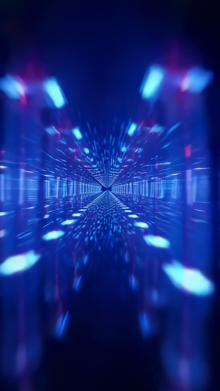 Vertical video: Zooming camera through LED tunnel to vanishing point, making immersive speed effect