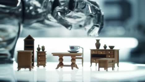 intricate robotics and miniature furniture: an artistic fusion of technology and design captured in two distinct frames showcasing a creative table setting