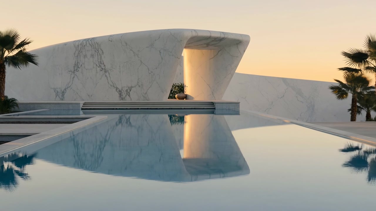 Wide cinematic view of modern white marble architecture with sweeping curved overhang, cylindrical support, and warm interior glow reflected in calm pool water at sunset, creating refined luxury