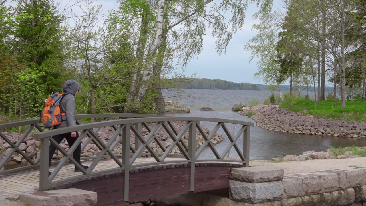 Traveler Crossing Wooden Bridge With Backpack, Compact Figure Strides Along Guarded Railing Toward Lakeside. Creative