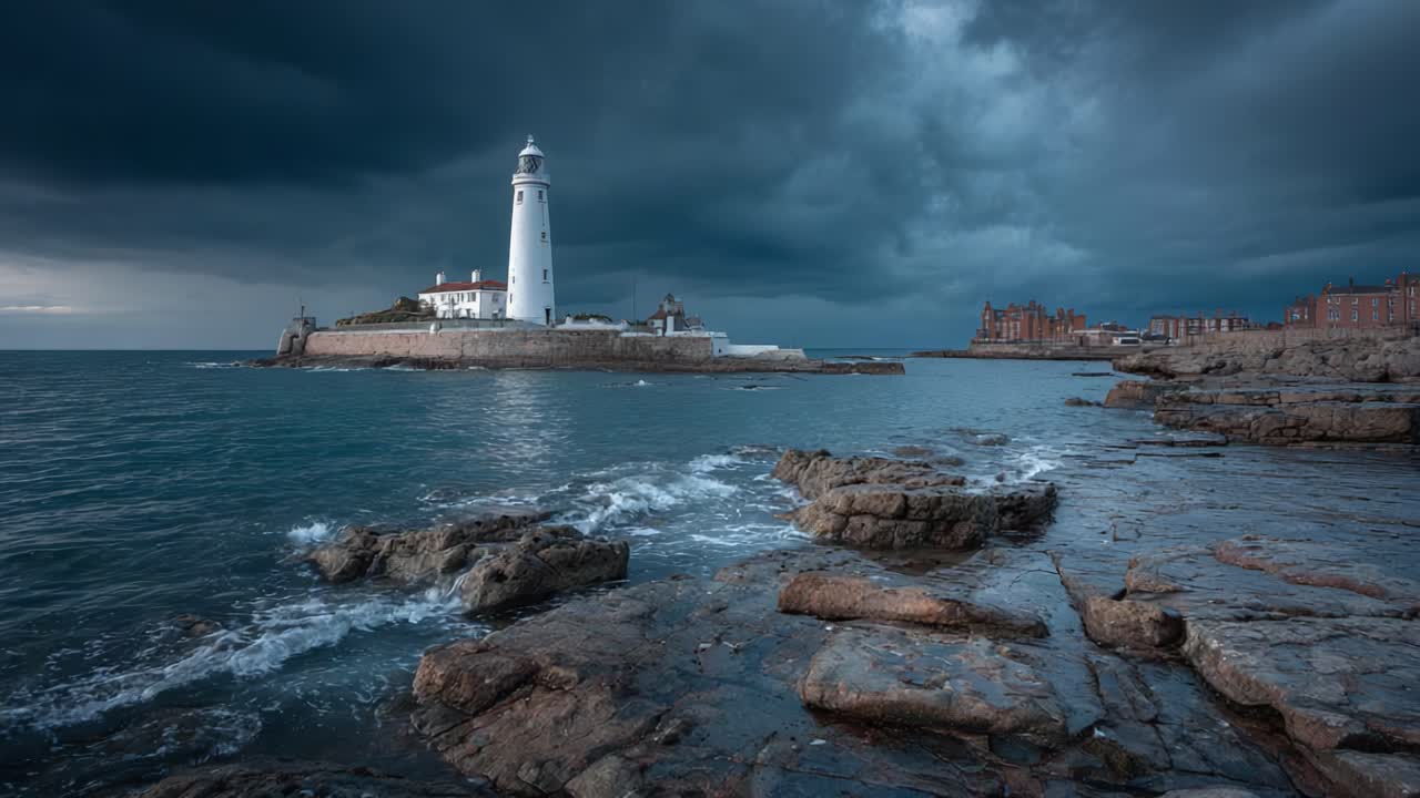 Un drammatico paesaggio marino con un maestoso faro stagliato contro un cielo cupo, che cattura la serenità della natura tra acque tumultuose e coste rocciose
