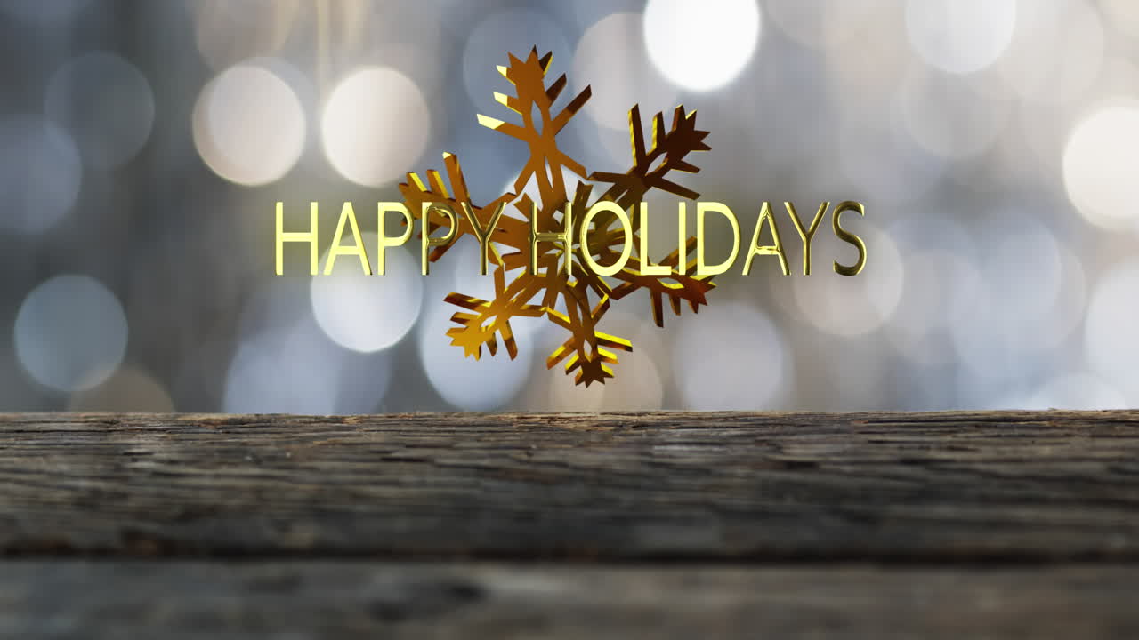 Animation of happy holidays text over christmas snow flakes on spot lights background