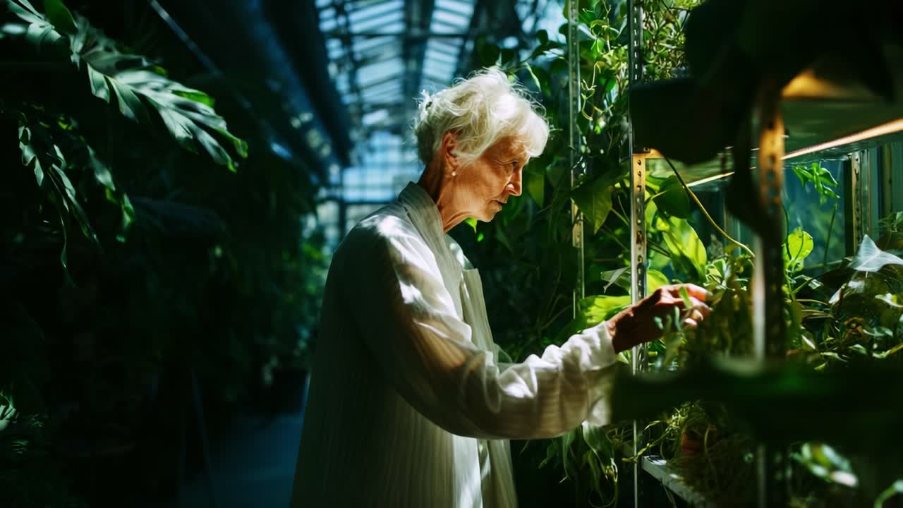 A Serene Moment in the Greenhouse: An Elderly Woman Tending to Plants Surrounded by Lush Foliage and Vibrant Greens Under Soft Natural Light