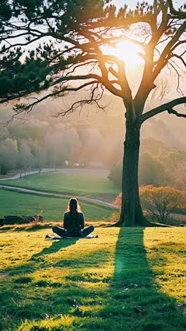 woman meditating in nature at sunset