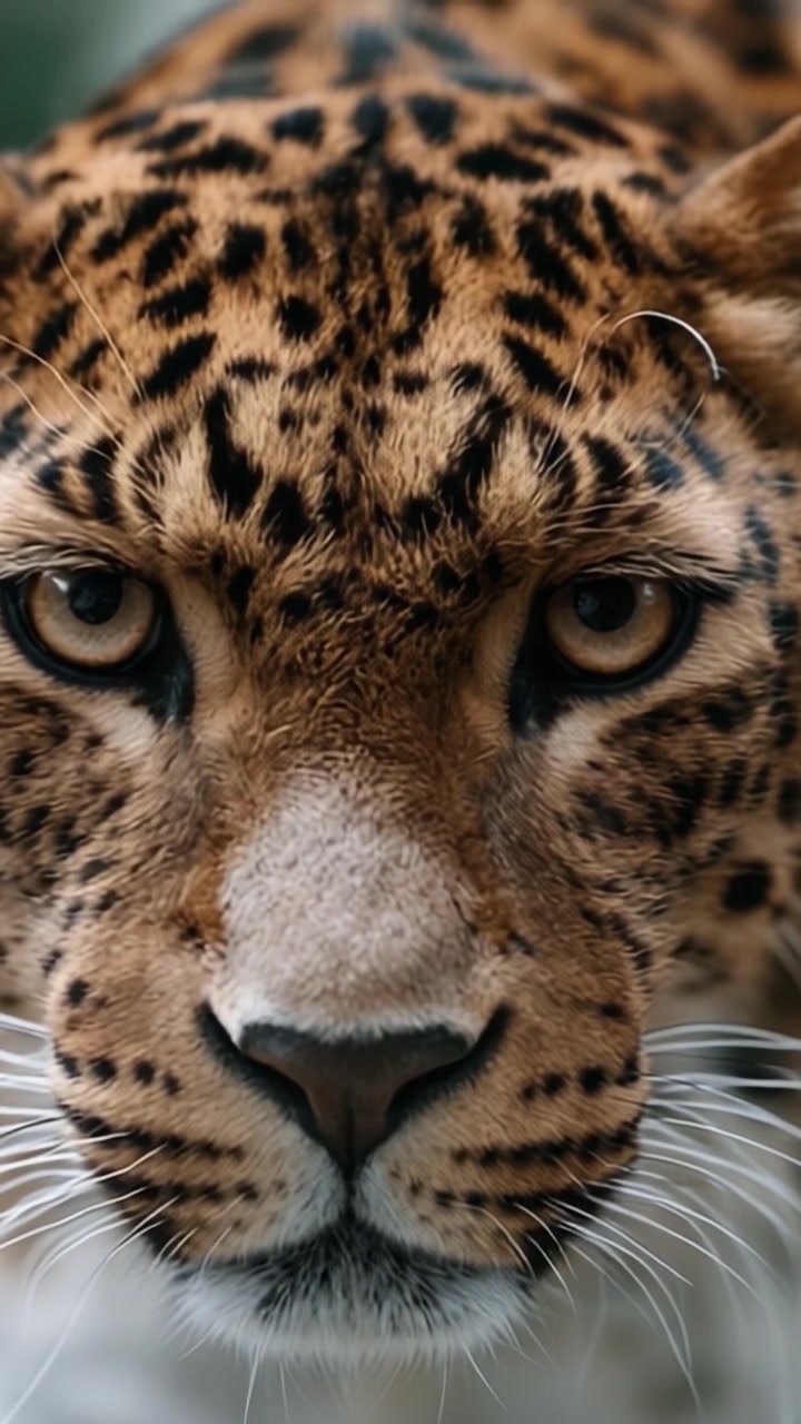 Güçlü bir leoparın çarpıcı özelliklerini ve yoğun bakışlarını sergileyen büyüleyici bir yakın çekim, bu muhteşem büyük kedinin güzelliğini ve ihtişamını vurguluyor