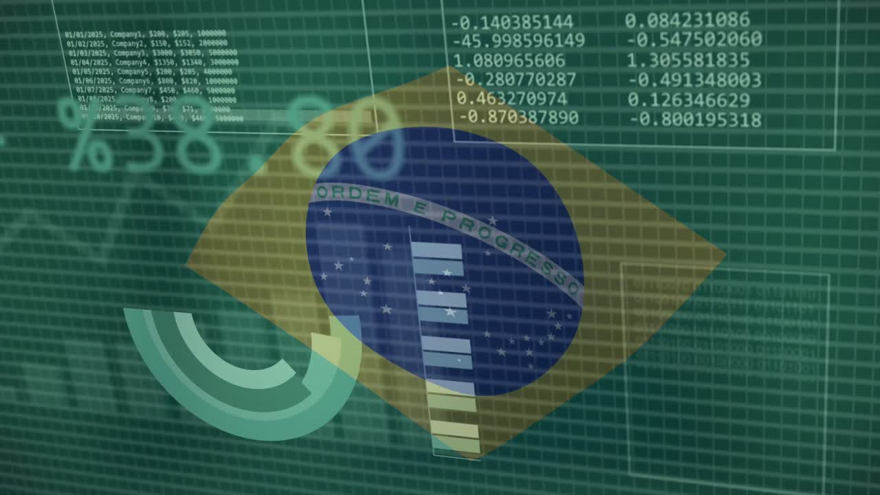 Animazione di statistiche ed elaborazione dati su bandiera sventolante del Brasile