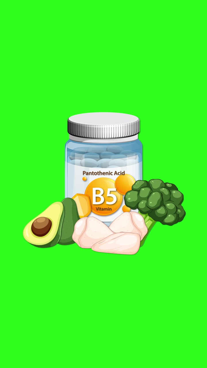 Una bottiglia di Vitamina B5 appare con avocado, pollo, broccoli su uno sfondo verde brillante, transizione fluida.