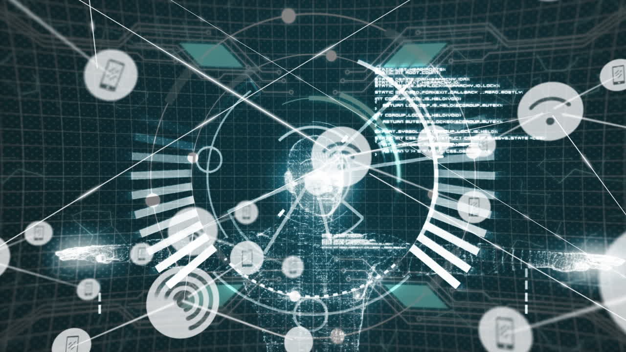 검은 바탕에서 범위 스캐닝과 데이터 처리에 대한 연결 네트워크의 애니메이션