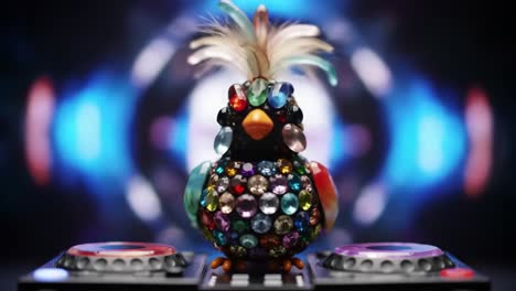 vibrant decorative bird figurine with colorful gems set against a dynamic background of lights, showcasing artistic creativity in a playful atmosphere