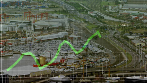 animation of statistical data processing against aerial view of time-lapse of city traffic