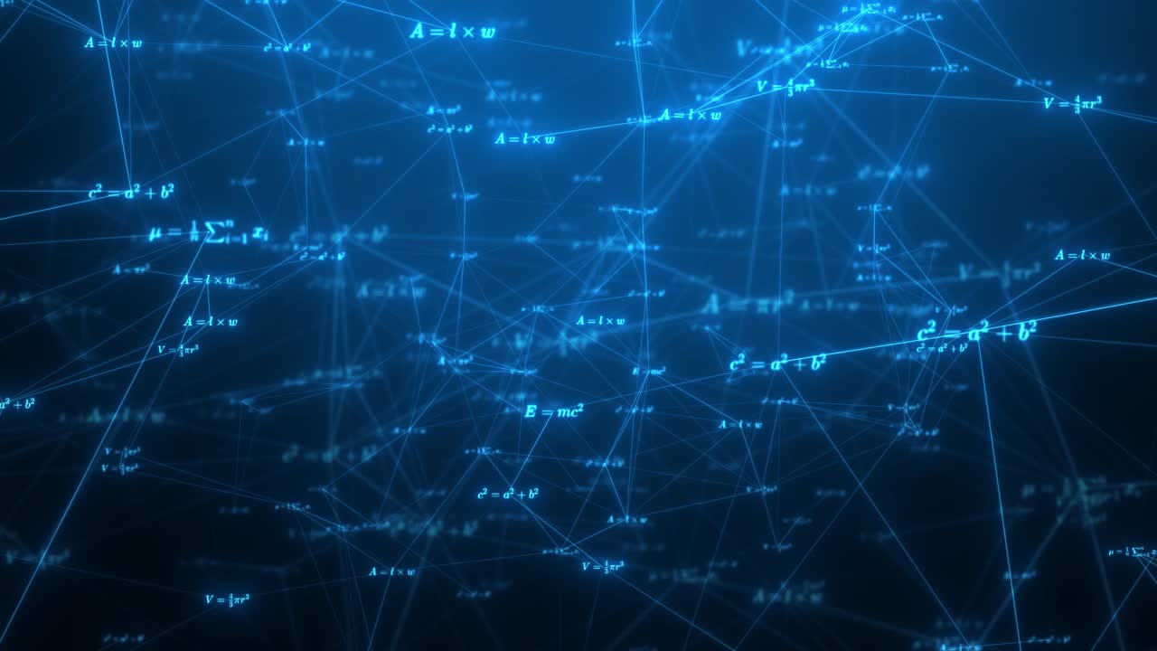 Glødende matematik-plexus: Animerede blå formler og ligninger i bevægelse