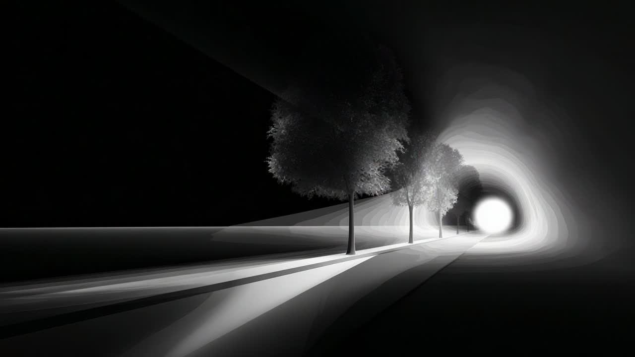 A Mystical Journey Through the Tunnel of Light: An Ethereal Pathway Framed by Trees Leading to an Enigmatic Brightness in the Distance, Capturing the Essence of Light and Shadow
