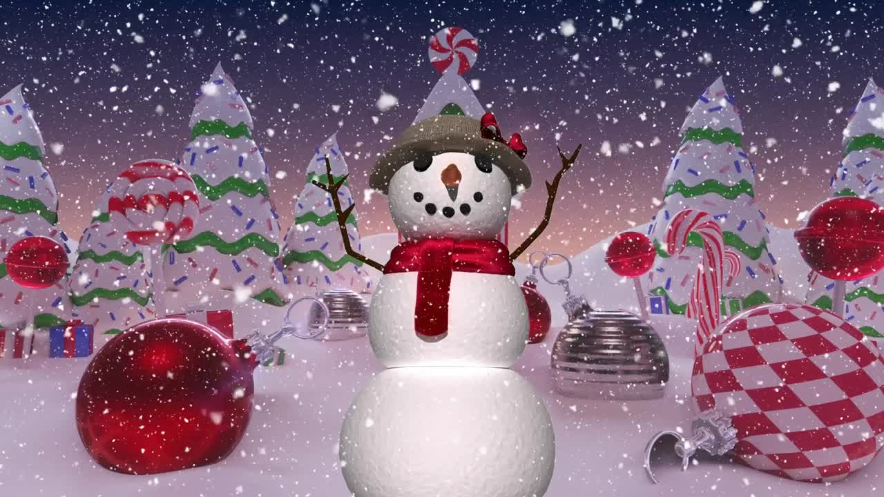 nieve cayendo sobre el muñeco de nieve ondeando en el paisaje de invierno