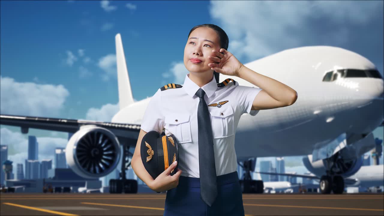 아시아 여성 조종사가 을 고 배경에 비행기가 있는 공항에 서서 피곤합니다.