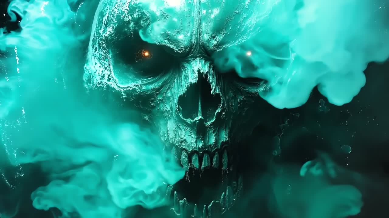 un cráneo con ojos rojos en el medio de un fondo azul oscuro