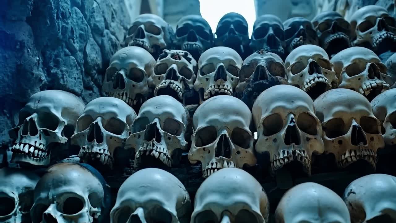 un gran grupo de calaveras sentadas en la parte superior de una pared de piedra