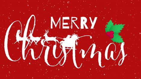 animation of snow falling over santa claus in sleigh and merry christmas text on red backrgound