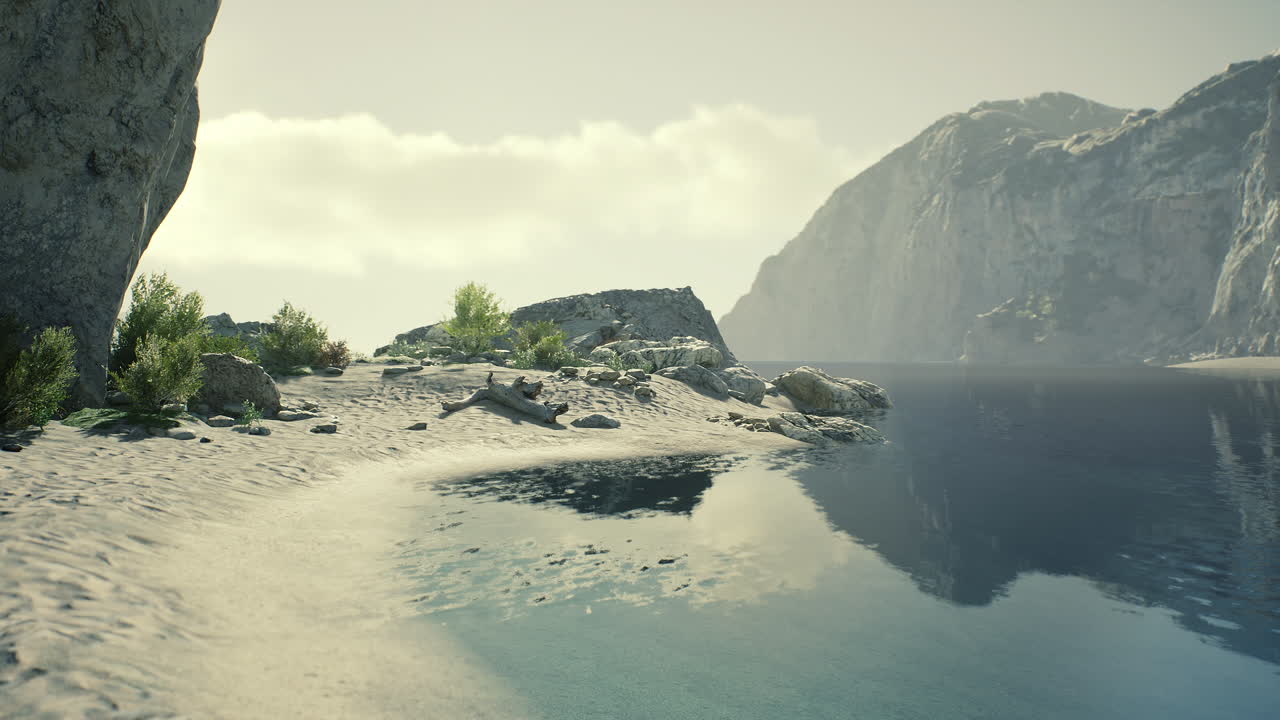 Scenic lake view with mountains and rocky beach