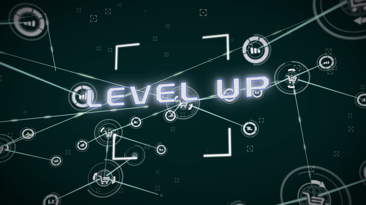 animación de texto de nivel superior, red de conexiones con íconos y procesamiento de datos