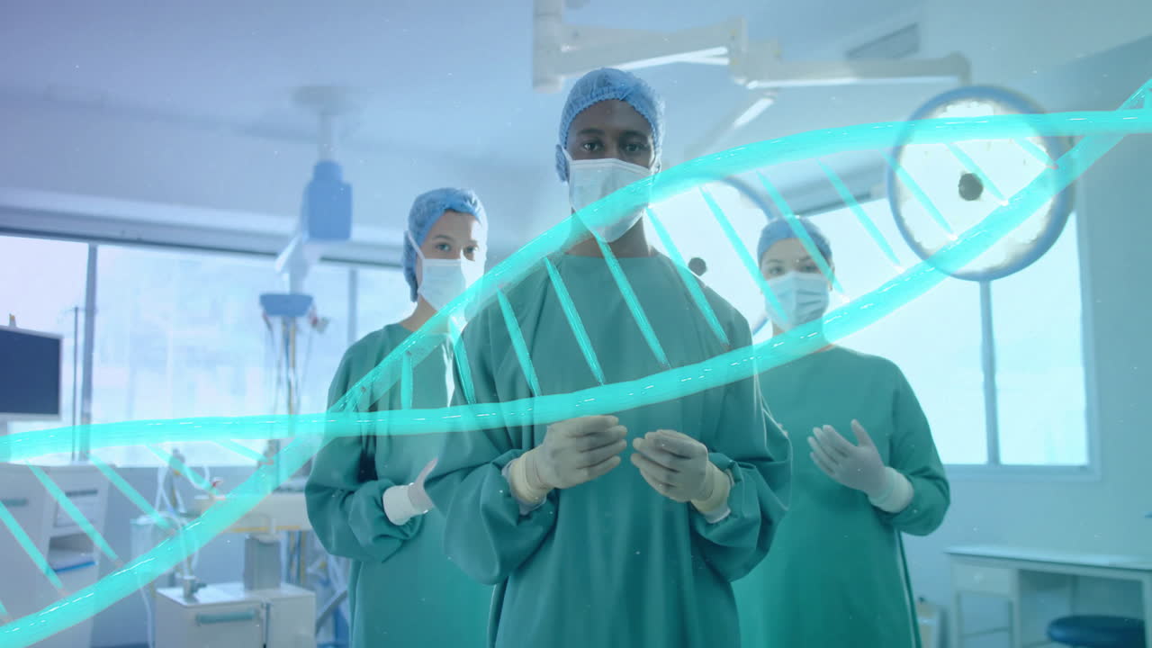 Animatie van een DNA-streng over diverse chirurgen in een ziekenhuis