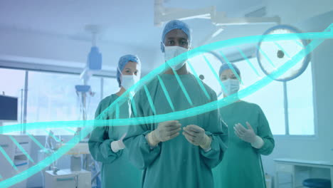 Animation-of-dna-strand-over-diverse-surgeons-in-hospital