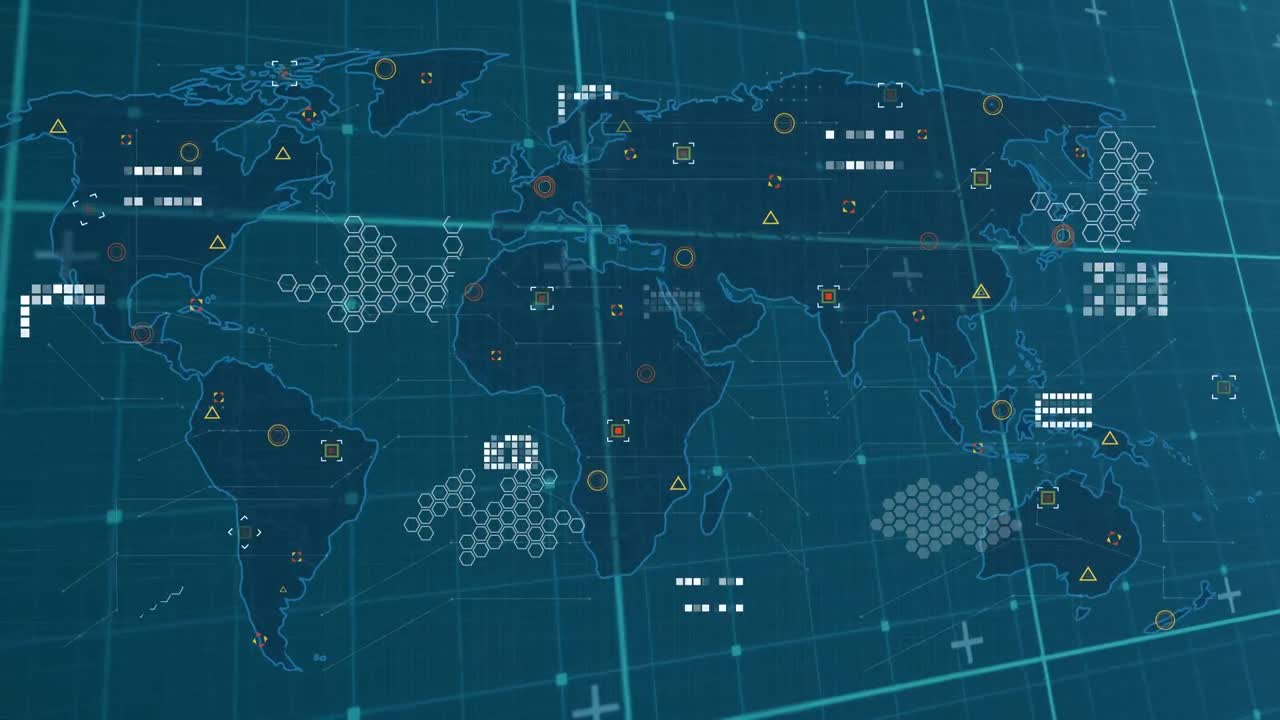 파란색 배경에 있는 데이터 처리 및 세계 지도의 애니메이션