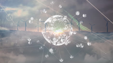 animación de nubes, conexiones y globo sobre turbinas eólicas