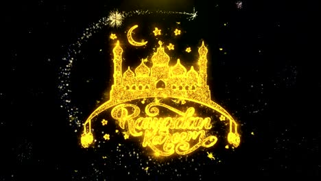 ramadan kareem text wish on gold particles fireworks display.